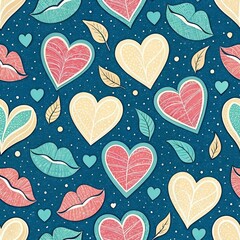 Seamless vector pattern with cute floral hearts and smiling lips designs for romantic Valentine's Day decoration. Super cute.