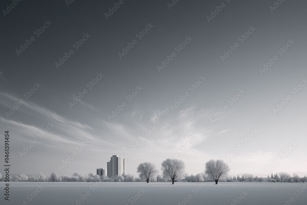Poster capture serene city park scene where urban structures subtly merge with natural elements under expan