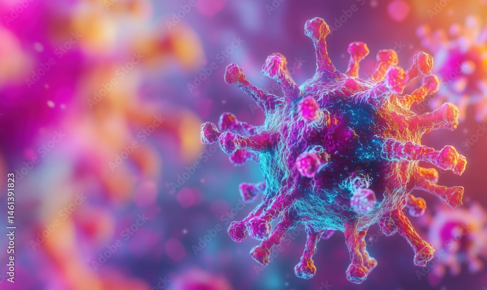 Poster colorful 3d rendering of virus structure with detailed surface features and vibrant colors