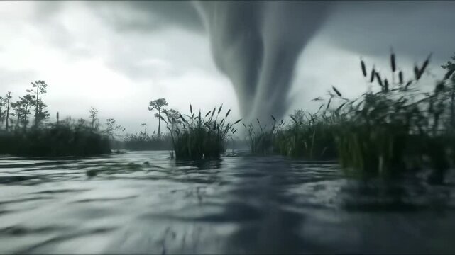 Dramatic tornado forming over a wetland, surrounded by tall grasses and dark stormy skies - big real tornadoes