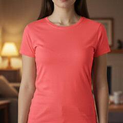 Coral pink t-shirt mockup on female model, back view, plain light blue background. Blank apparel for print. Casual clothing template, summer.