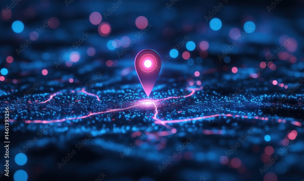 Poster 3d map pin icon over digital cityscape with neon lights and data points