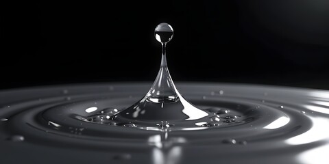3D render of a water droplet falling onto magnetic ferrofluid, creating unusual deformation patterns, against a laboratory background in stark black and silver