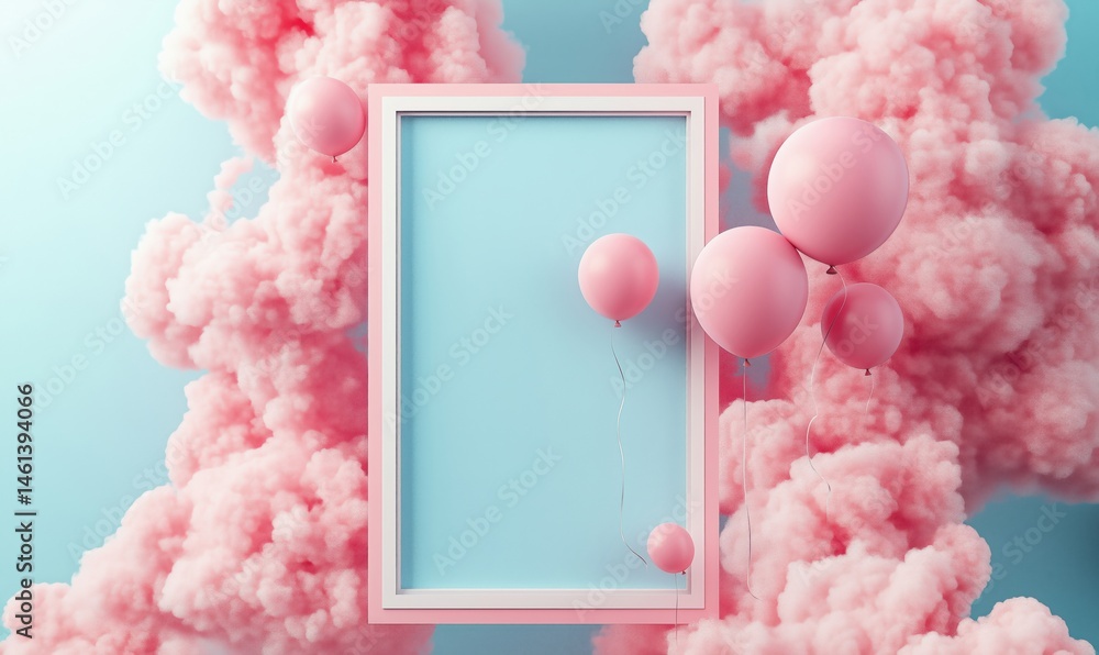 Poster pink balloons floating near empty frame surrounded by fluffy clouds