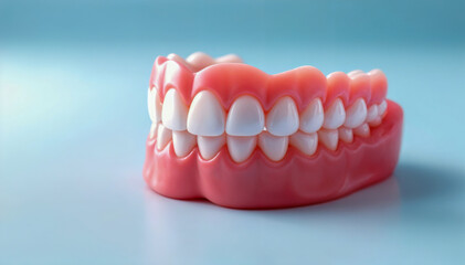 Fototapeta premium Realistic dental prosthesis model with full upper and lower dentures on blue background, dental care and oral health concept