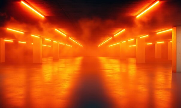 Mysterious underground parking garage illuminated by orange neon lights and fog