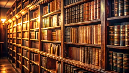 A row of wooden library shelves lined with leather-bound books and vintage paperbacks, fading into the soft light of a dimly lit study room , reading nook, old books