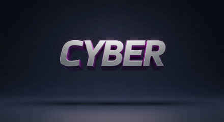 3D rendered word "CYBER" in metallic silver with purple highlights, displayed in a dark studio setting. Modern design for technology concepts and cybersecurity marketing.
