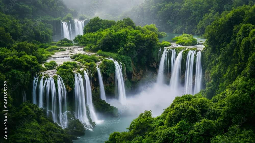 Aufkleber multiple waterfalls are cascading down mossy cliffs, creating a misty spectacle amidst a vibrant gre