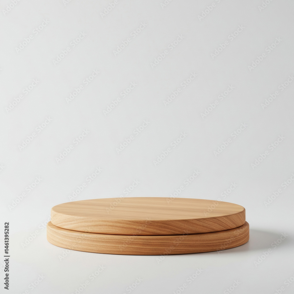 Poster empty wooden circular podium on a plain white background. product display or presentation element wi