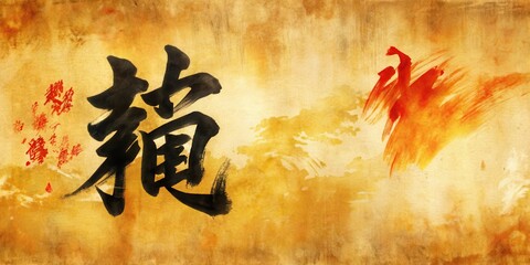 Traditional Chinese calligraphy on beige background with bold brushstrokes and vibrant ink colors , Brushwork, Calligraphy art