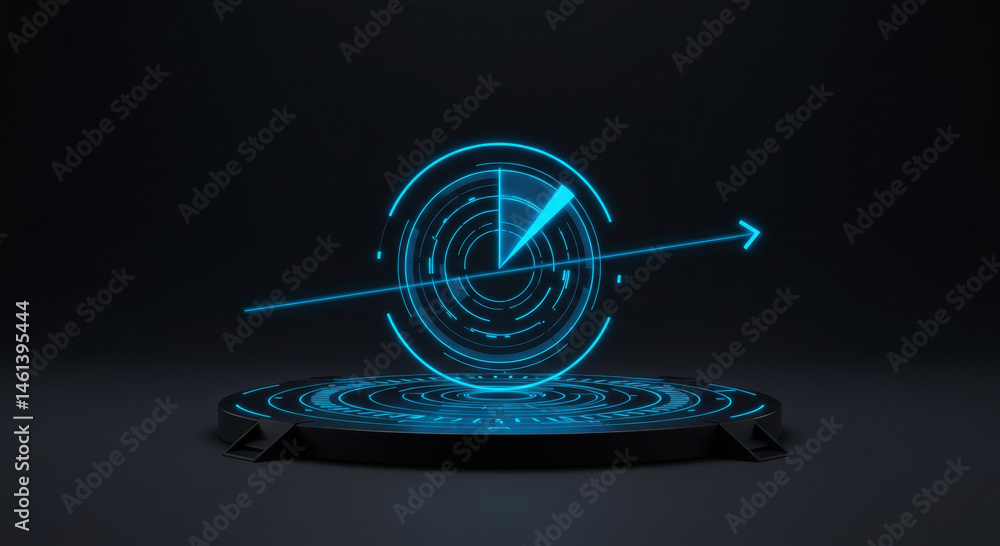 Aufkleber futuristic holographic display with glowing blue circles and arrow on a dark platform. abstract tech