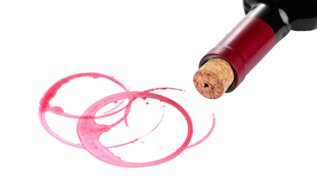 wine bottle with cork is positioned above two circular stains of red wine on surface, creating artistic and inviting scene. vibrant color and texture evoke sense of celebration and enjoyment