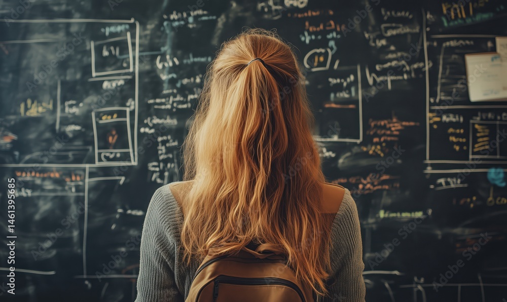 Poster student analyzing complex mathematical equations on chalkboard in classroom setting
