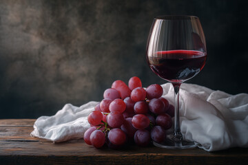 Red wine elegantly displayed with fresh grapes on a wooden table in a dimly lit setting