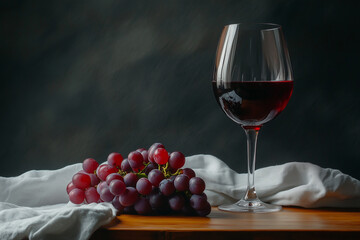 Red wine elegantly displayed with fresh grapes on a wooden table in a dimly lit setting