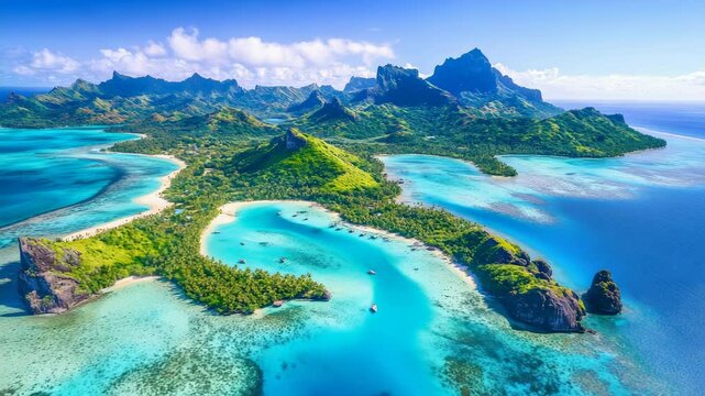 Aerial view of bora bora, french polynesia, showcasing the vibrant turquoise waters, lush green vegetation, and dramatic volcanic peaks creating a breathtaking tropical paradise