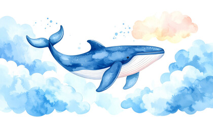 beautiful blue whale swims gracefully through soft, fluffy clouds, creating whimsical and serene atmosphere. watercolor style enhances dreamy quality of this enchanting scene