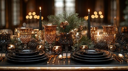 Elegant dark holiday table setting with gold accents and greenery