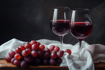Red wine elegantly displayed with fresh grapes on a wooden table in a dimly lit setting