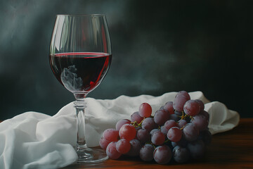 Red wine elegantly displayed with fresh grapes on a wooden table in a dimly lit setting