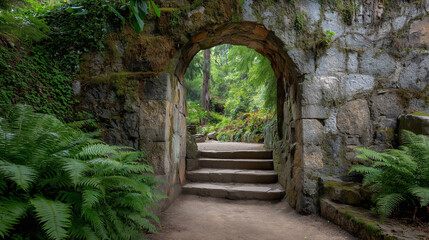 A weathered stone archway leading to a vibrant garden