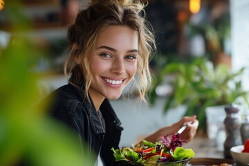A radiant woman smiles with a salad, enjoying a healthy and happy moment in a cafe.