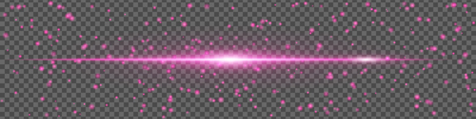 Pink light flare with sparkling particles and motion glow on transparent background. Horizontal energy beam for design and VFX.