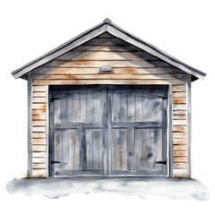 Watercolor Painting of a Wooden Garage with Gray Door on Transparent Background