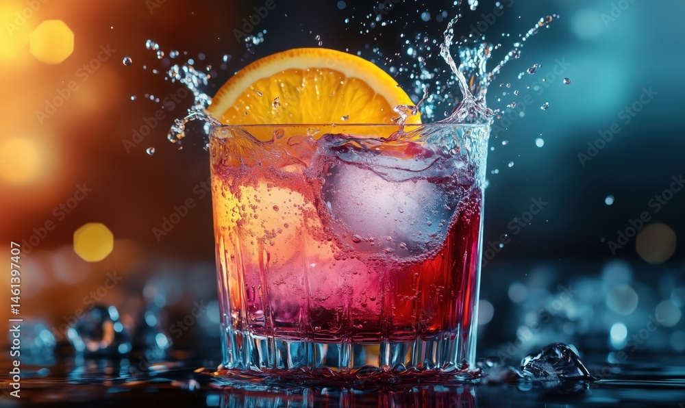 Poster refreshing cocktail with orange slice and ice splashes in vibrant setting