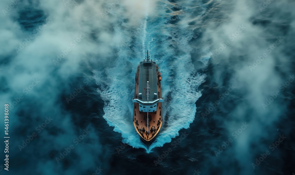 Poster aerial view of a ship navigating through foggy waters with wake trails