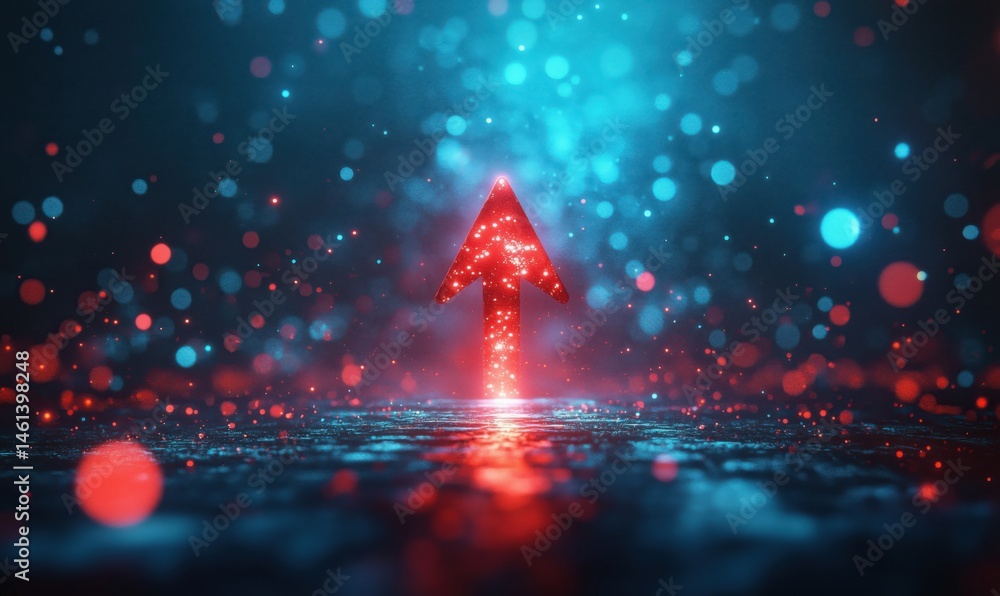 Poster glowing red arrow symbolizing growth and progress in digital space