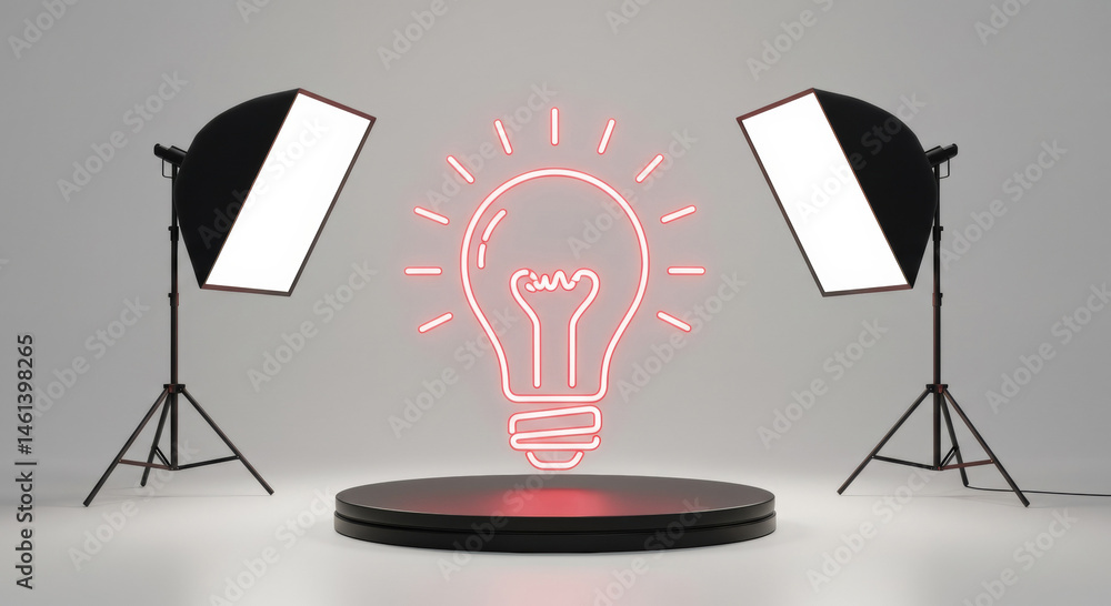 Poster neon light bulb graphic on a product display podium with studio lighting. modern graphic design elem