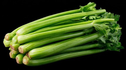 Fototapeta premium Fresh, Vibrant Celery Stalks Arranged on a Black Background, Light Green Tones, Isolated