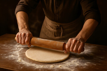 Baking Preparation with Rolling Dough on Wooden Table
