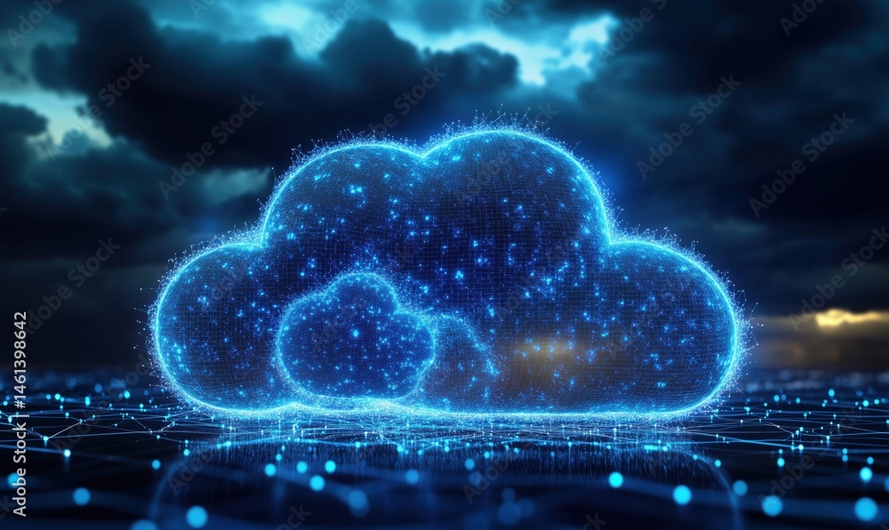 Poster digital cloud technology representation with glowing particles and network connections