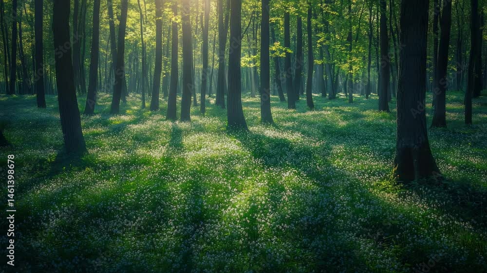 Poster sunlight streams through the trees in a lush forest, illuminating a vibrant carpet of small white fl
