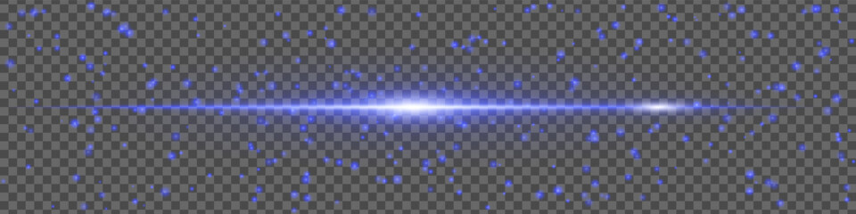 Blue light flare with sparkling particles and motion glow on transparent background. Horizontal energy beam for design and VFX.