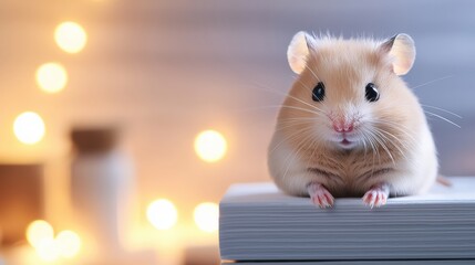 Fototapeta premium A cute hamster sits atop a powerpoint presentation background with copy space available for your text needs.