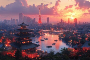 Fototapeta premium Cityscape featuring traditional structures at sunset