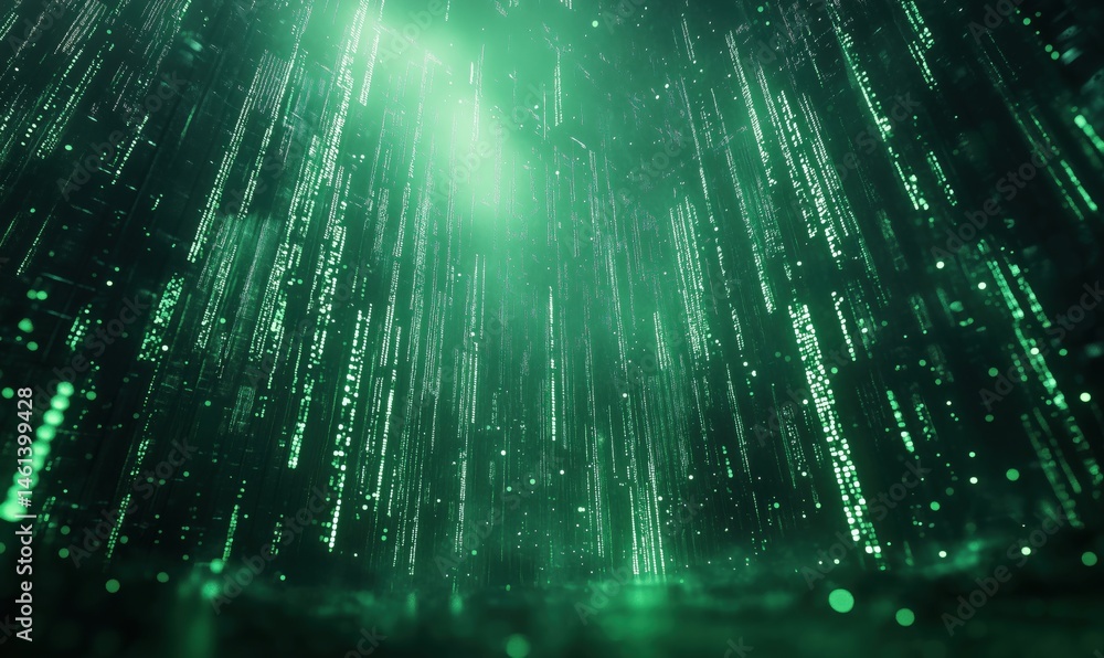 Poster digital rain effect with glowing green binary code in futuristic environment