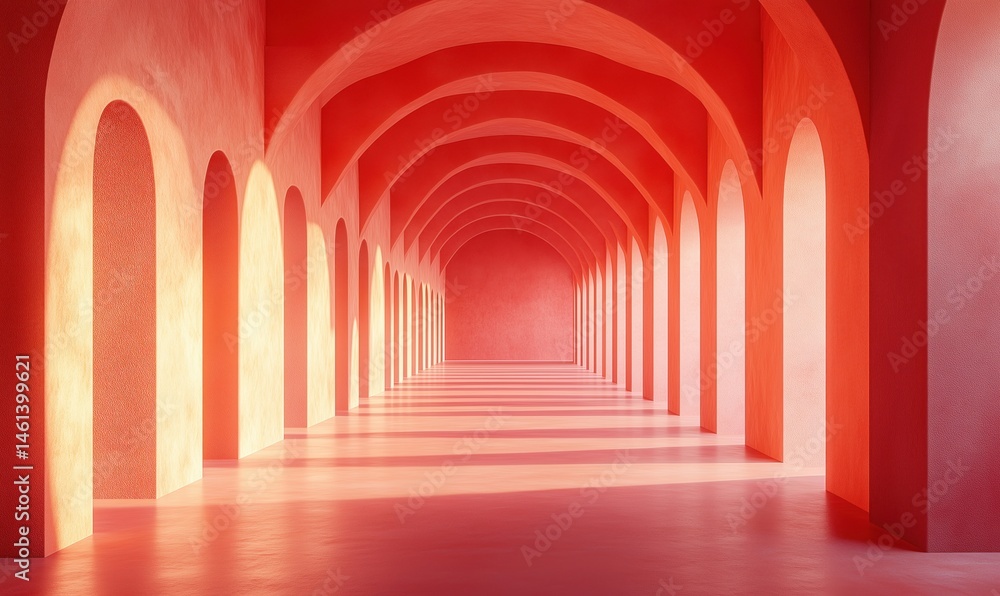 Poster stunning red archway corridor with soft lighting and shadows creating depth