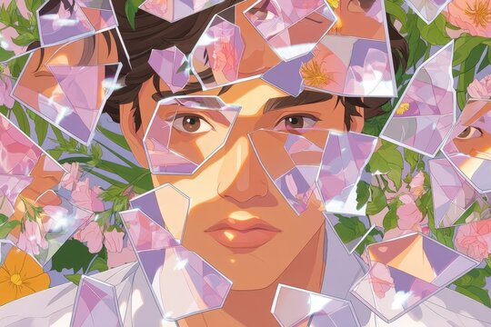 schizophrenia concept art with fragmented face and swirling thoughts in motion 