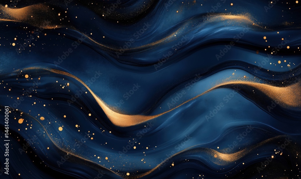 Poster abstract blue and gold wave pattern with shimmering textures and flowing lines
