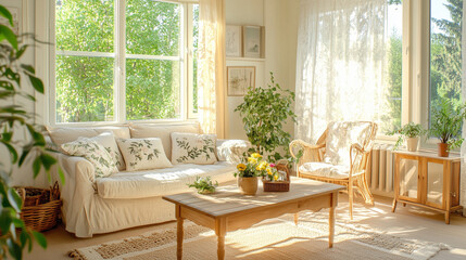 Obraz premium cozy living room interior design with light yellow floral decoration