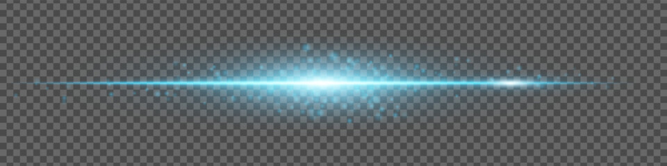 Blue glowing streak with energy particles on transparent background. Futuristic light beam effect for digital visuals.