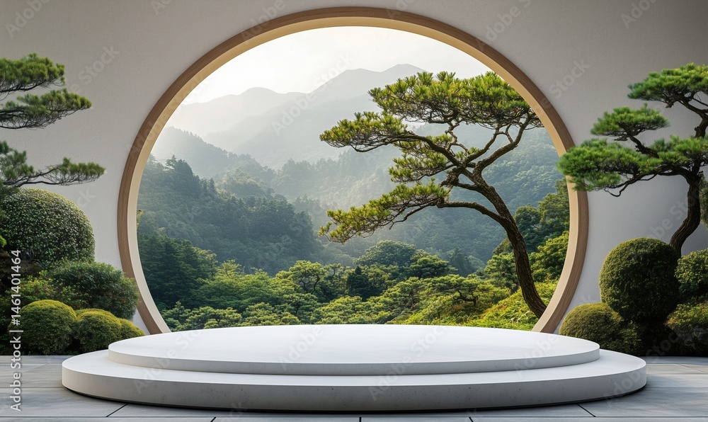 Poster serene mountain view through circular window with lush greenery and modern stage