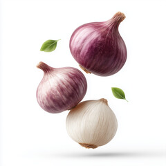 Fototapeta premium Vibrant Trio of Onions: A captivating arrangement showcasing three fresh onions, one white and two vibrant red varieties, harmoniously suspended with a few leaves in mid-air.