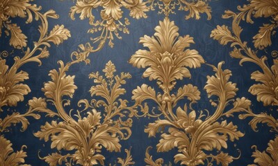 Elegant gold and blue floral damask  Subtle sheen, intricate details , blue, background texture