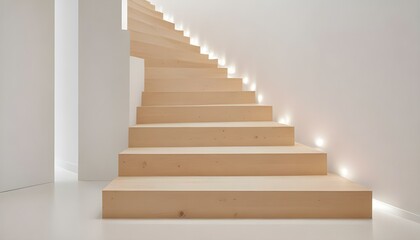 A beautifully crafted wooden staircase with integrated lighting in a modern, minimalist home interior.